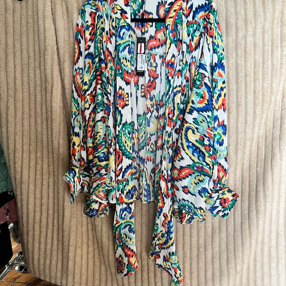 Beulah Multicolor Paisley Print Open Front Blouse, Boho style